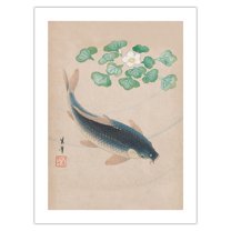 Carp with Water Flowers - Vintage Japanese Woodblock Print by Shisui 1900's - Bamboo Fine Art 290gsm Paper Print (Unframed) 18x24in