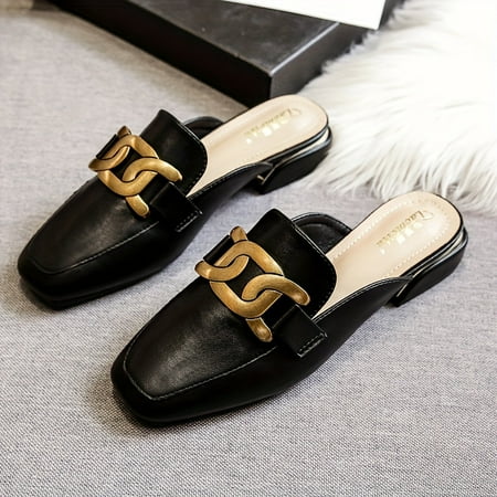 

NAYUKA Metallic Buckle Decor Chunky Heel Sandals Elegant Square Toe Dress Shoes Stylish Slip On Sandals