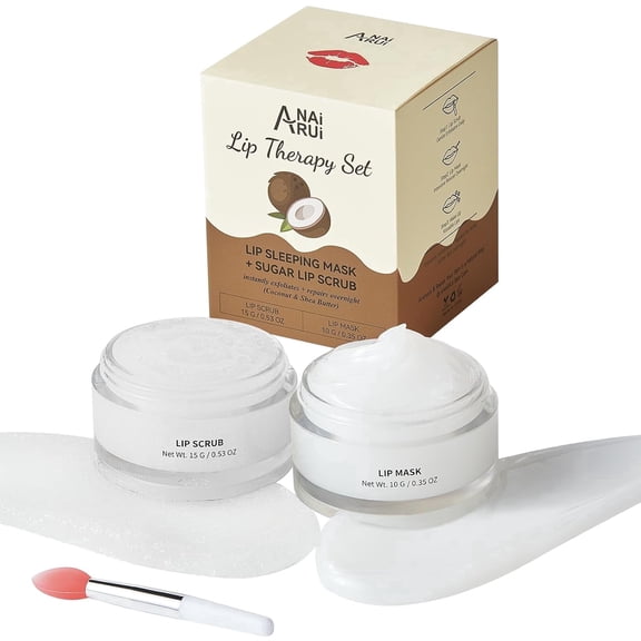 ANAiRUi Coconut Lip Scrub & Lip Mask Set with Shea Butter Vitamin E Sugar Scrub for Dry Lips Hydrating Overnight Lip Mask Gift Set for GirlsCoconut Lip Scrub & Lip Mask Set with Shea Butter Vitamin E