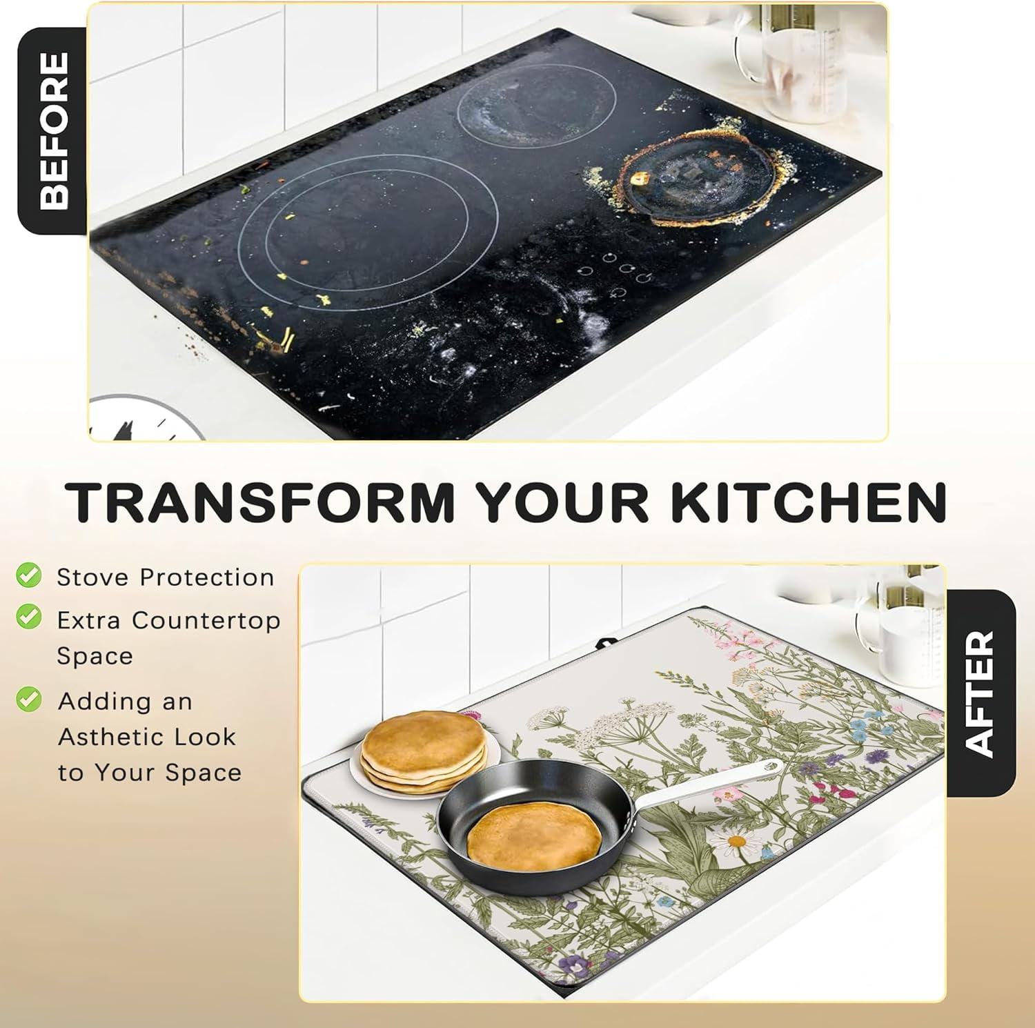 Electric Stove Top Cover Protector \u2013Christmas Kitchen Decor Herbs and Wilds Flowers Glass Flat Top Stove Mat Oven Induction Cooktop Mat for Ceramic Countertop Mats Heat-Resistant Dish Drying Mat