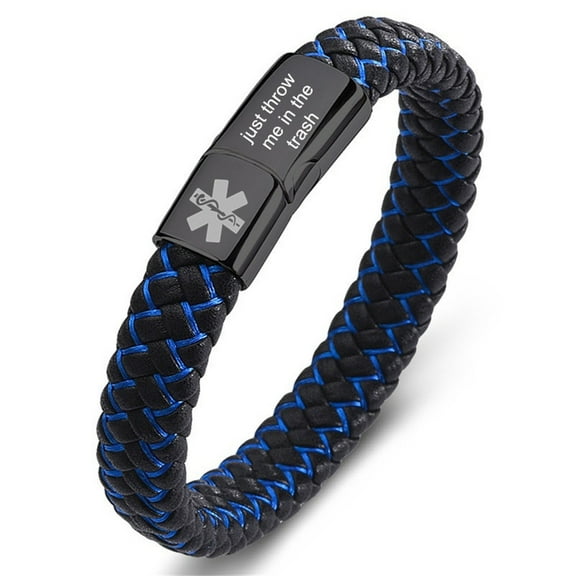 Just Throw Me in the Trash Medical Alert Bracelet for Men Stainless Steel Braided Leather Wristband Medical Alert ID Bracelet Sos Emergency Jewelry with Medical Wallet ID Tag