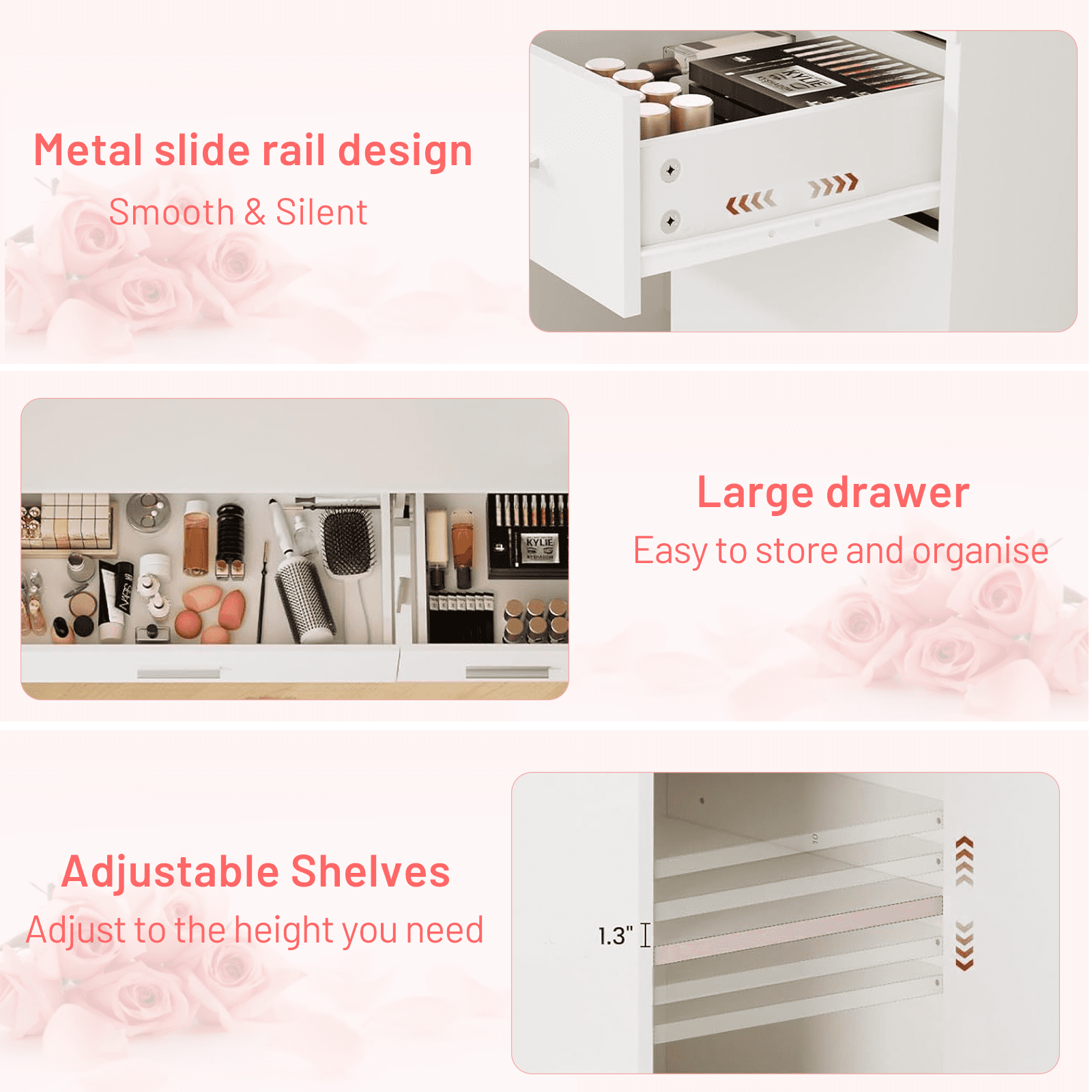 Blorly White Vanity Desk with Mirror, Makeup Vanity Table with LED Lights and Power Outlet, 3 Drawer, 4 Shelves, 1 Cabinet