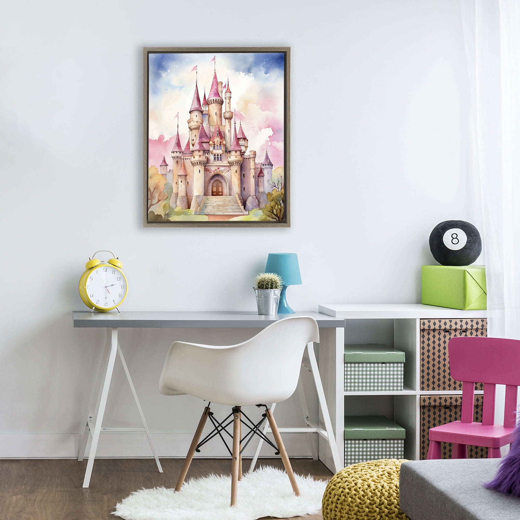 Stupell Industries Princess Castle Watercolor Portrait Brown Framed Floater Canvas Wall Art, design by Creative Studio
