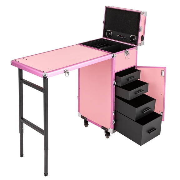 Professional Rolling Makeup Case, Foldable Nail Desk, Cosmetic Trolley Storage Organizer with 2 Built-in Music Speakers