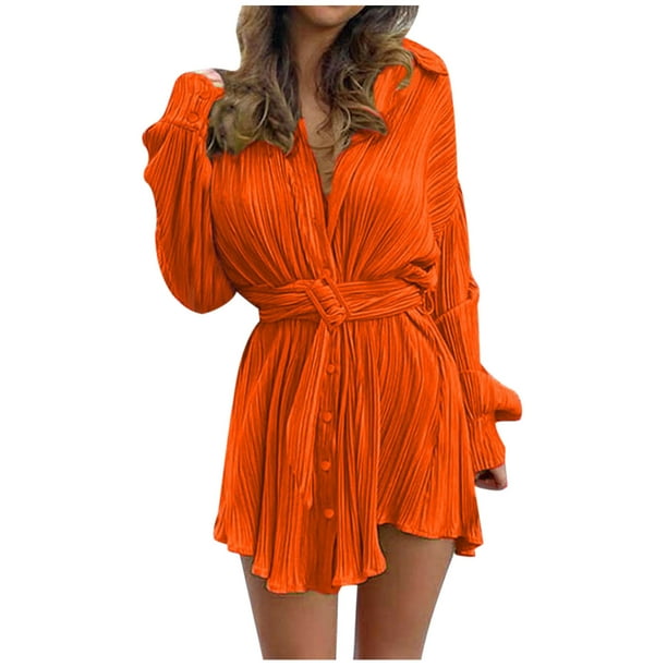Blvb Womens Button Down V Neck Dresses Tunic Belted Ruched Swing Mini Dress Casual Solid Long Sleeve Shirt Tops With Belt Orange
