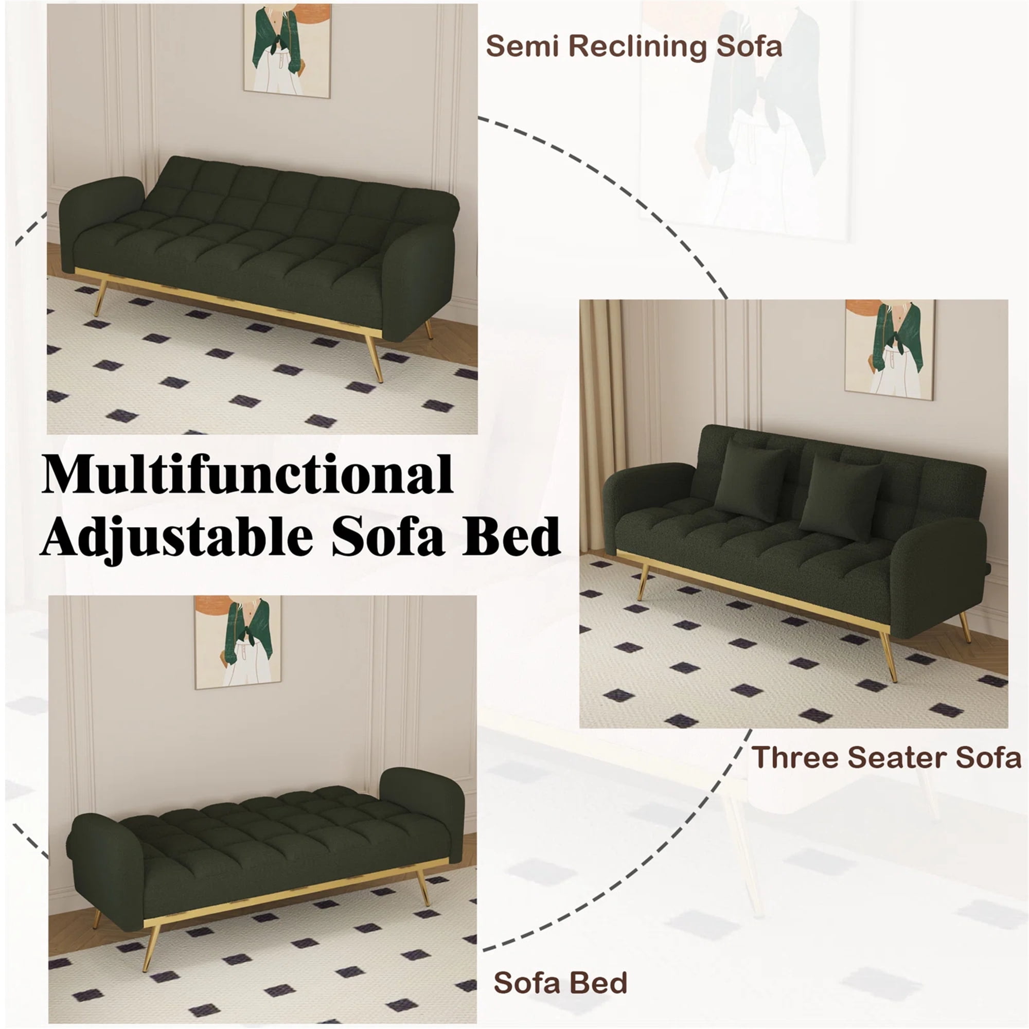 Aukfa Square Tufted Futon Convertible Sofa Bed for Home Office, 2 Pillows, Teddy Fleece, Green