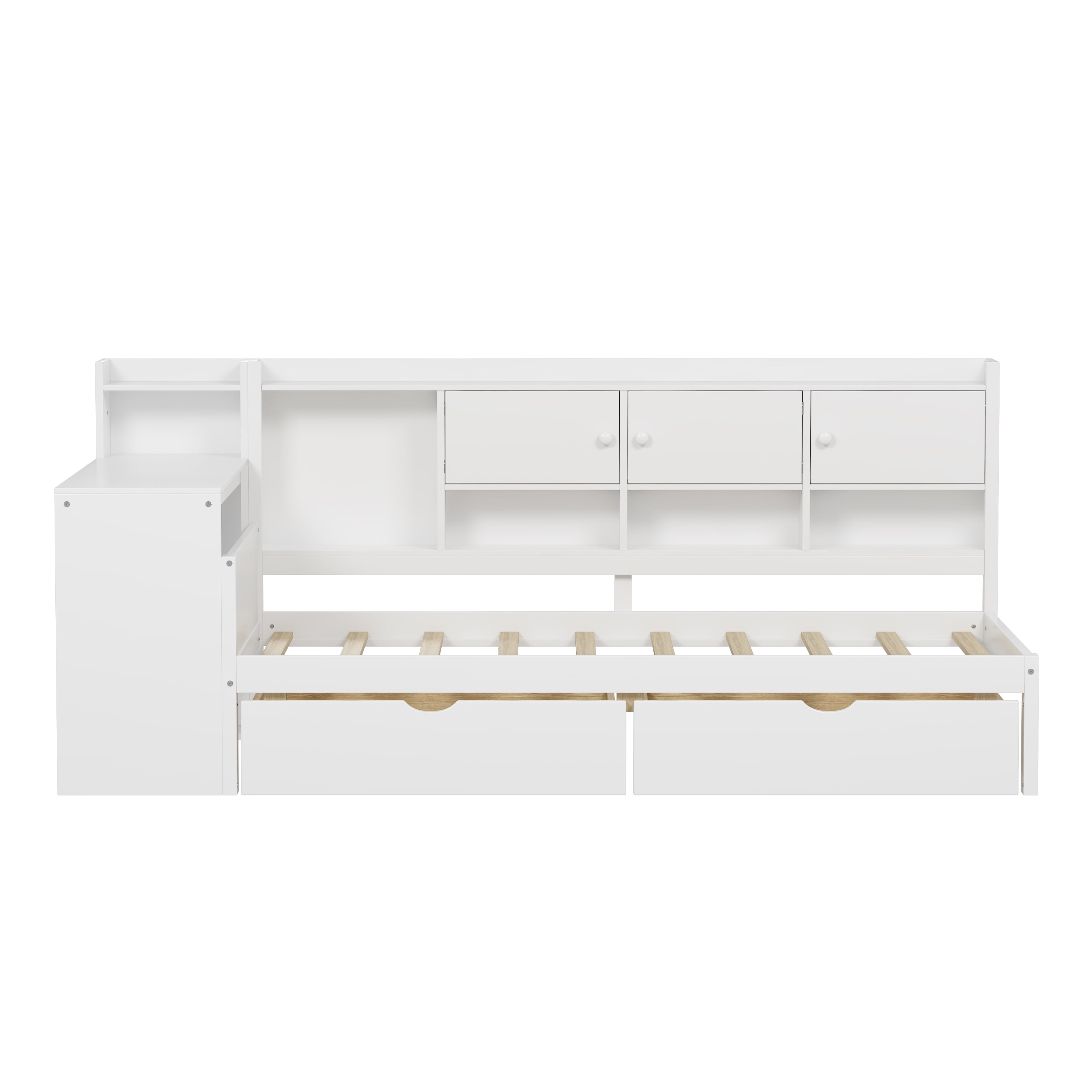 Euroco Wood Twin Size Storage Daybed with Cabinets and Drawers, Functional Bed with Desk and Shelves, White