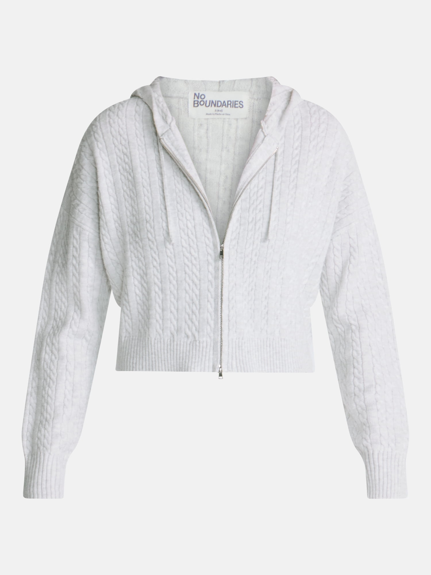 No Boundaries Cable Knit Zip Up Sweater with Hood, Women's XXS-XXL