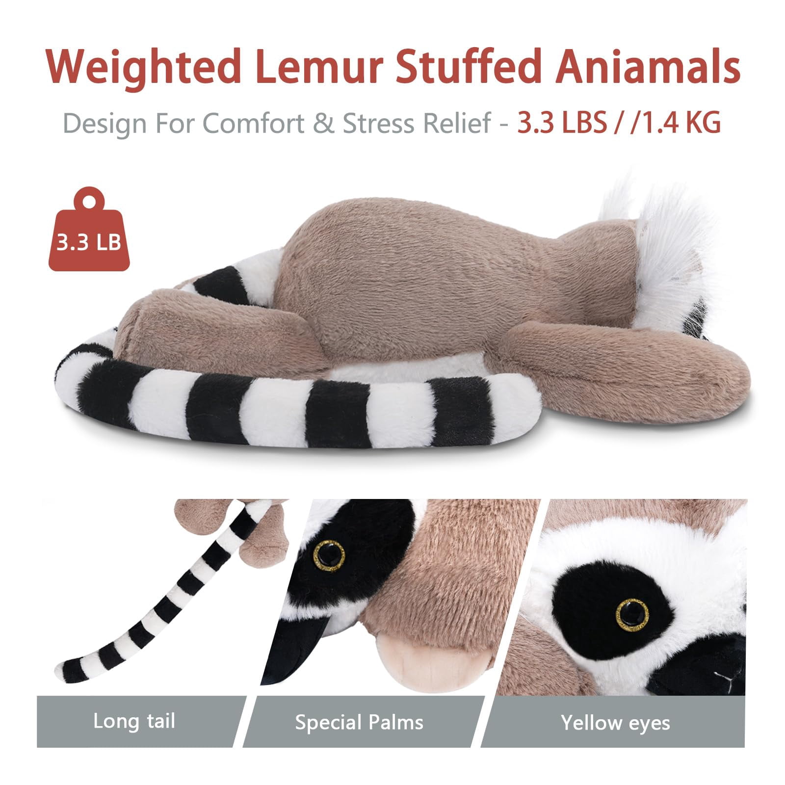 Niuniu Daddy Weighted Lemur Stuffed Animal- 20"Large Cute Plush Toys 3.3-Pound Giant Weighted Plushie Body Pillow with Soft Faux Fur, Gift for Kids, Adults & Girls, Thanksgiving Christmas Gift