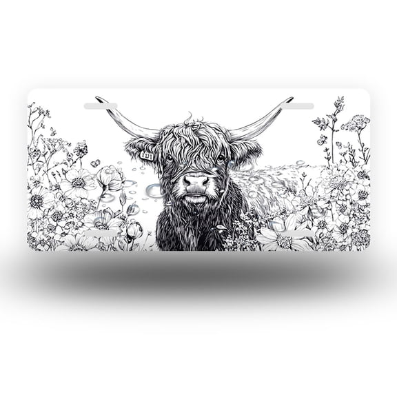 License Plate,Black and White Highland Cow in Flower Field Decorative Front,Personalized Stainless Steel License Plate Cover For Men Women,12.2" X 6.2"