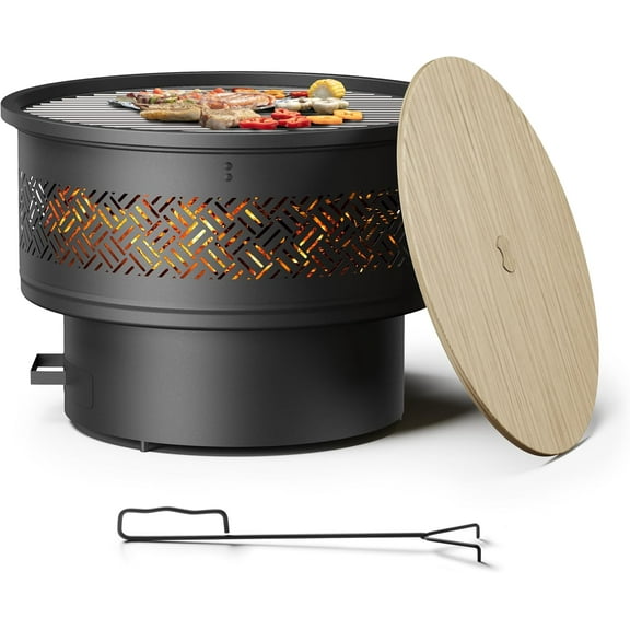 YANG2 26 inch Fire Pit with Grill & Lid, Firepits for Outside Wood Burning Fire Pit Table with Fire Poker, Multifunctional Outdoor Fire pits for BBQ, Table, Bonfire, Camping, Backyard, Patio, Picnic