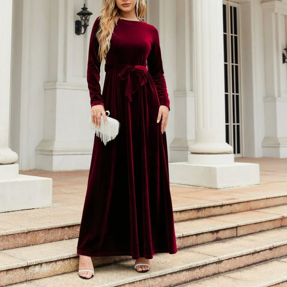 RYDCOT Evening Dresses for Women 2023 Elegant Classy Autumn and Winter Long Sleeve Crew Neck Solid Color Vintage Velvet Dress Clearance Red