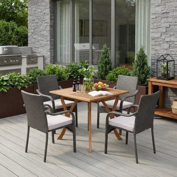 Christopher Knight Home 5-Piece Outdoor Dining Set, Teak Wood Table with Gray Rattan Stacking Chairs