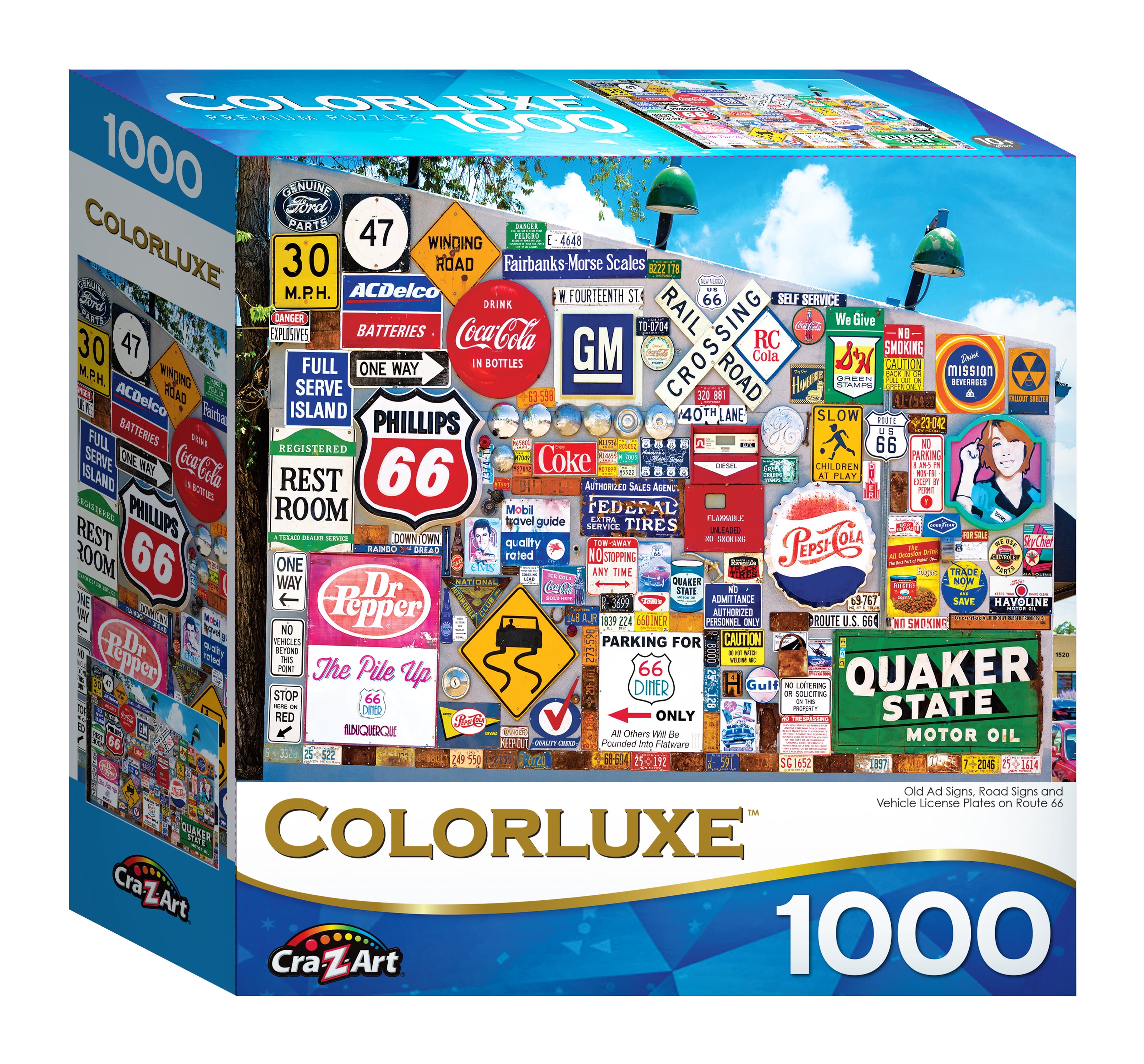 Roseart Colorluxe 1000 Piece Old Ad Signs, Road Signs and Vehicle License Plates on Route 66 Adult Interlocking Jigsaw Puzzle