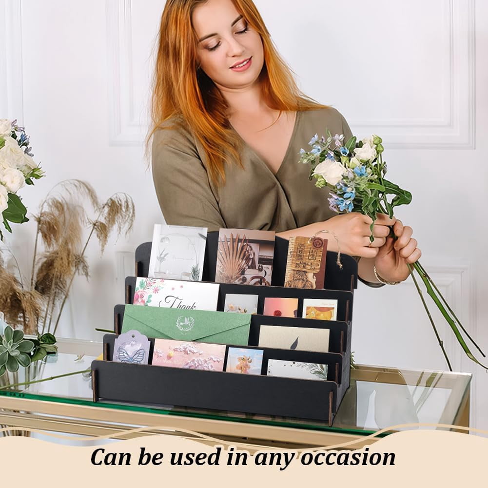 Greeting Card Display Stand Holder 4-Tier Wooden Organizer Display Rack Postcard Display Portable Birthday Card Display Sticker Display Stand for Vendors Counter Retail Display Holder Black