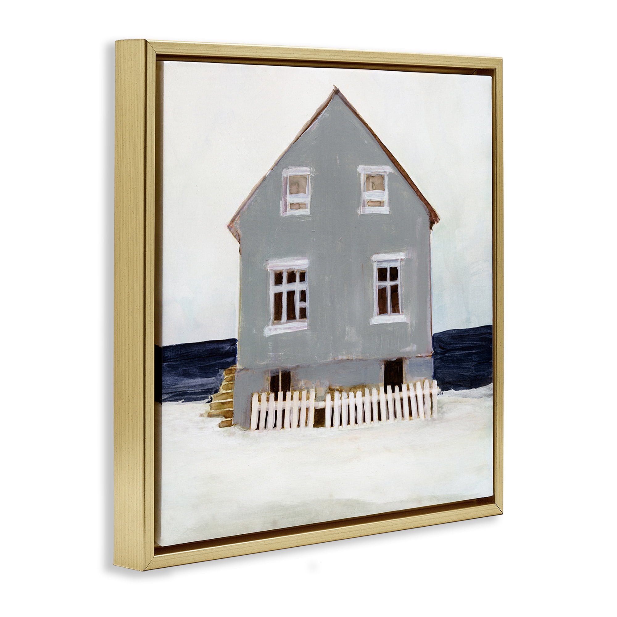 Stupell Industries Winter Beach House Landscape Nature Painting Gold Floater Framed Canvas Art Print Wall Art, 18 x 18