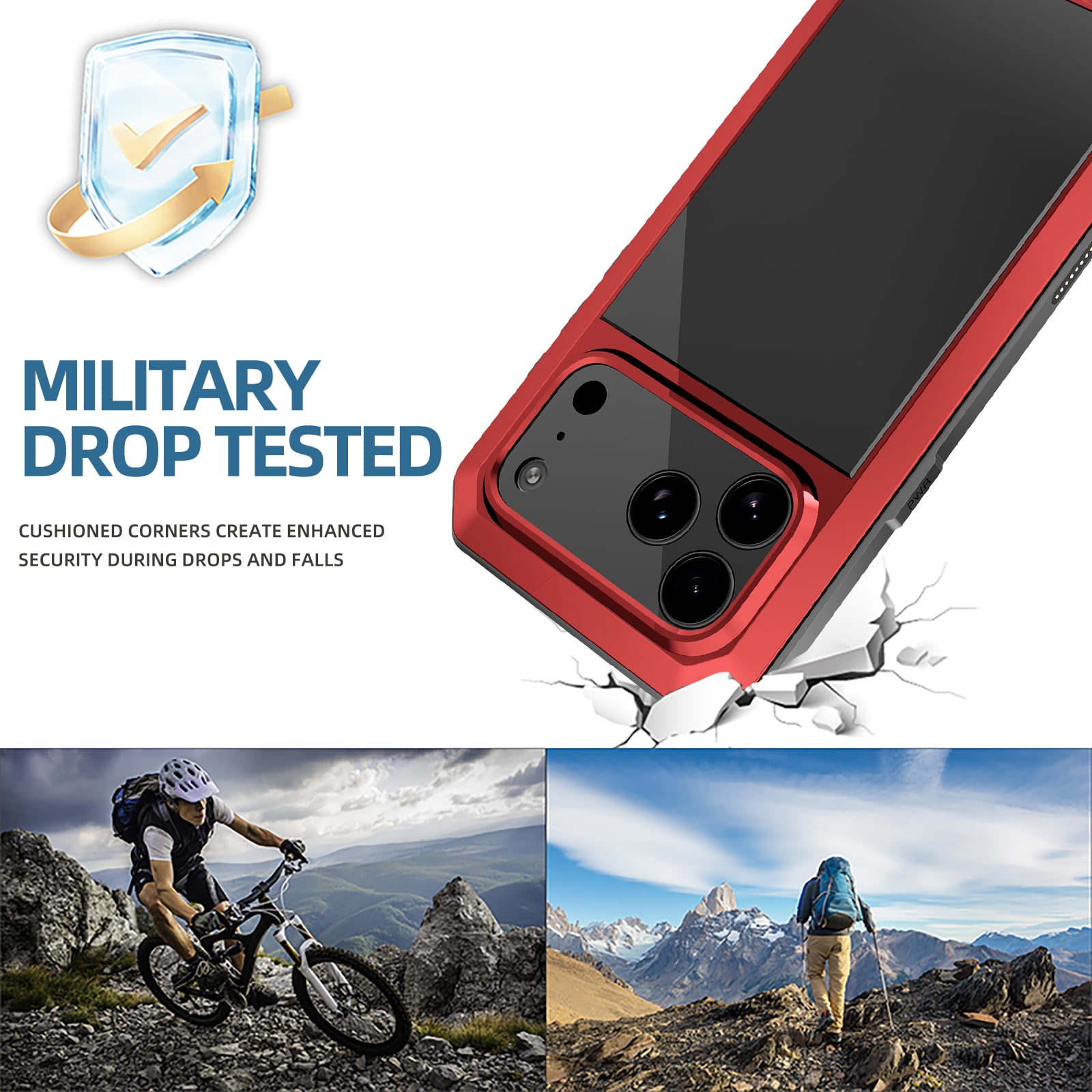 Dteck for iPhone 17 Pro Max (2025) Case, Heavy Duty Metal Full Body Protective Cover Shockproof Aluminum Alloy Cover with Silicone Built-in Screen Protector, Red