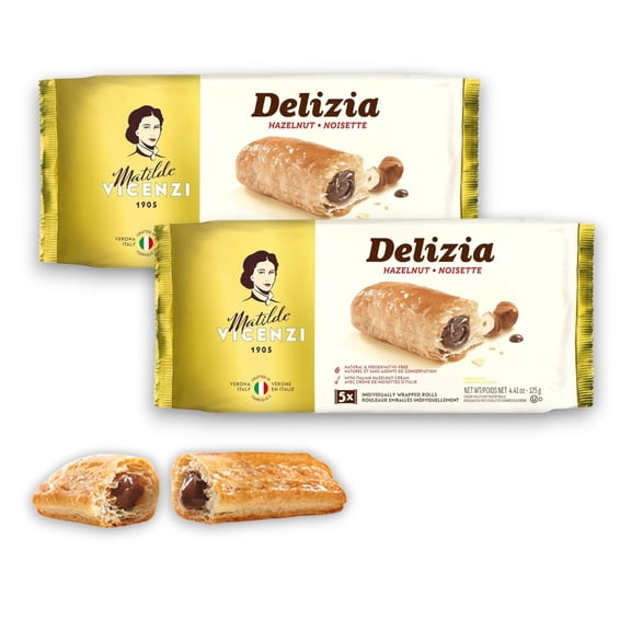 Delizia Hazelnut Cream by Pasticceria Matilde Vicenzi, Cream Filled Puff Pastry Patisserie Rolls, All-Natural, Kosher Dairy, Made in Italy - 4.41oz (125g) Box, 2-Pack