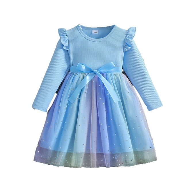 Xijirk Girls Long Sleeve Bow Dress Ruffle Crew Neck Mesh Princess Dress,Size 3-4 Years