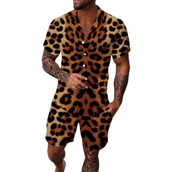 Wxolcjlv Mens Leopard Print Camp Collar Set Short Sleeve Shirt Shorts