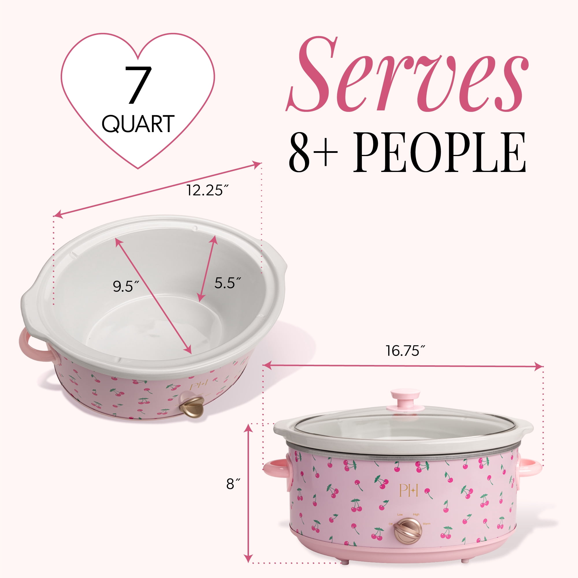 Paris Hilton 7-Quart Manual Slow Cooker with Removable Stoneware Pot and Tempered Glass Lid, 3 Heat Settings, Cherry Design, Pink
