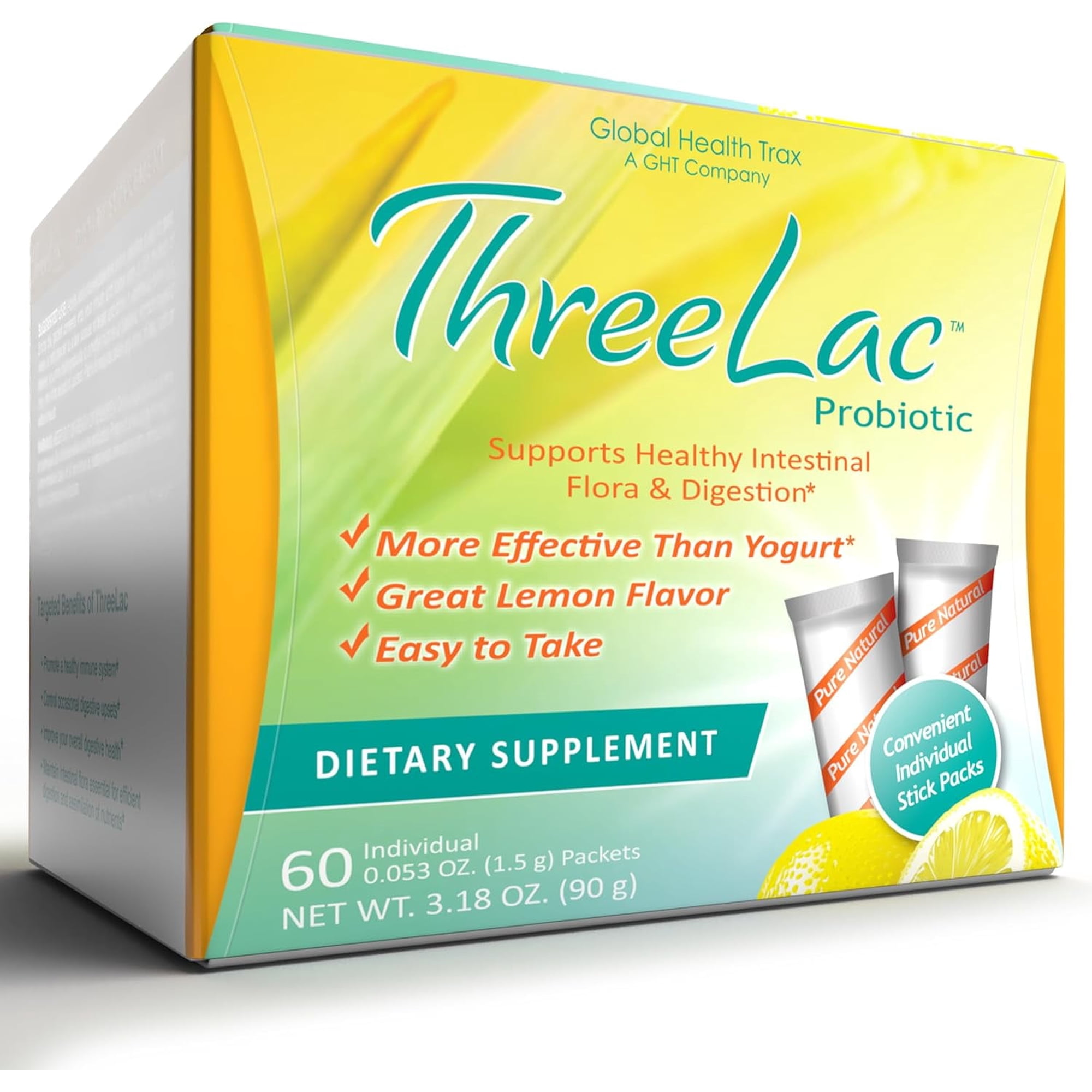 Global Health Trax ThreeLac Probiotic Drink Mix, Daily Digestive Support, Lemon, 90g, 60 Packets