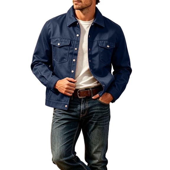 TKKCS Mens Trucker Jacket Button Down Regular Fit Casual Long Sleeve Outerwear Jackets with Multi Pockets Navy XL