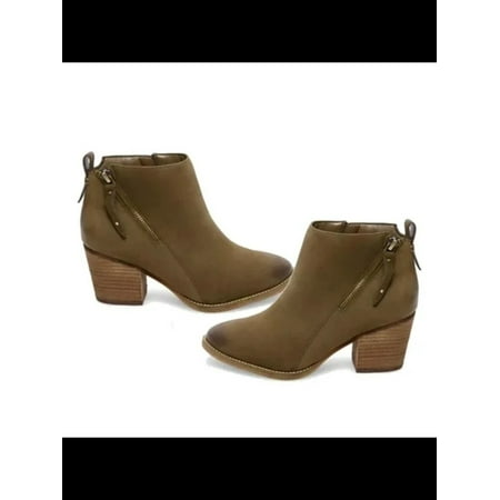 

AQUA COLLEGE Womens Green Waterproof Back Pull Tab Comfort Zipper Accent Nancy Round Toe Block Heel Zip-Up Leather Booties 6 M
