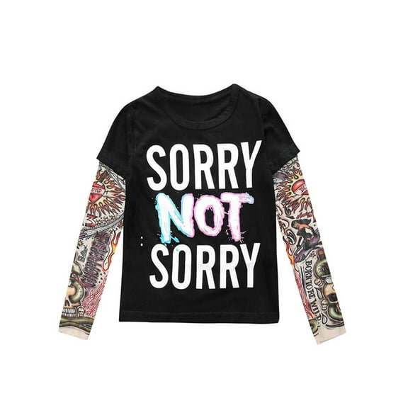 StylesILove Super Cool Unisex Kid Cotton T-shirt withk Mesh Tattoo Sleeve (130/6, Sorry Not Sorry)