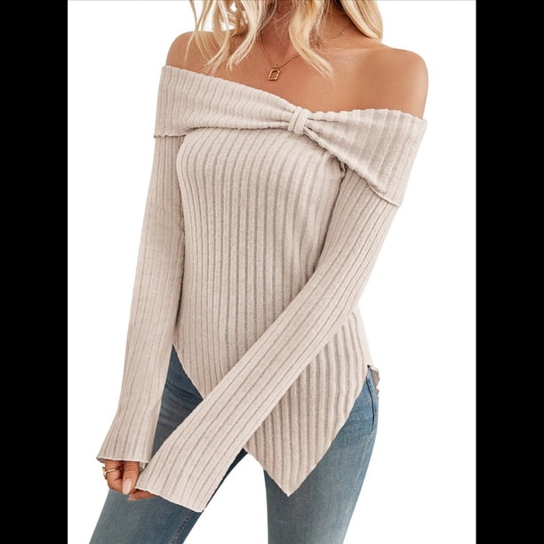 Suéter de Punto con Lazo y Hombros Descubiertos para Mujer, con Abertura Lateral, Estilo Y2K, A Albaricoque M