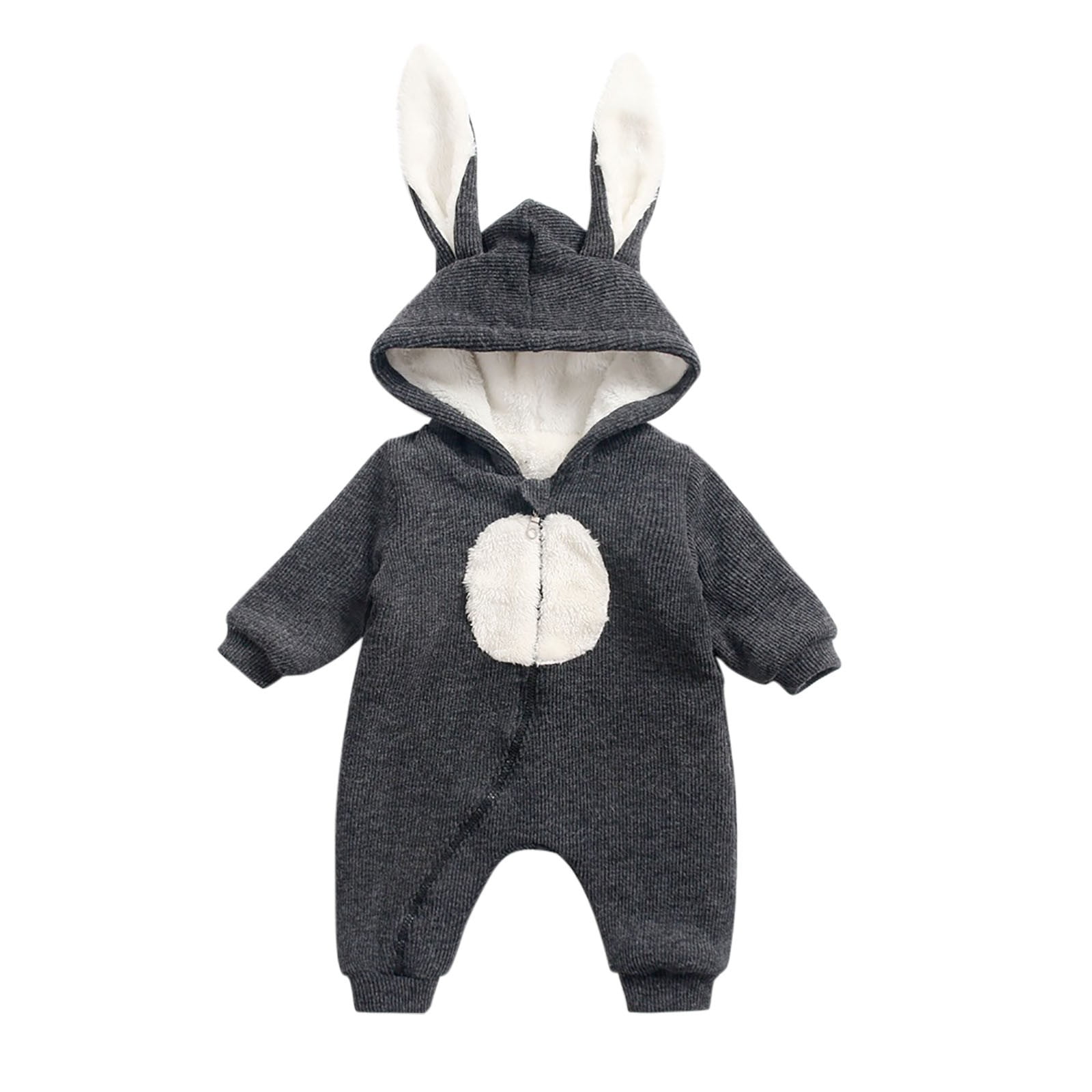 Riecok Winter Baby Clothes Fleece Thick Onesie Cute Rabbit Ears Hooded Winter Infant Clothes Gray 0 Months