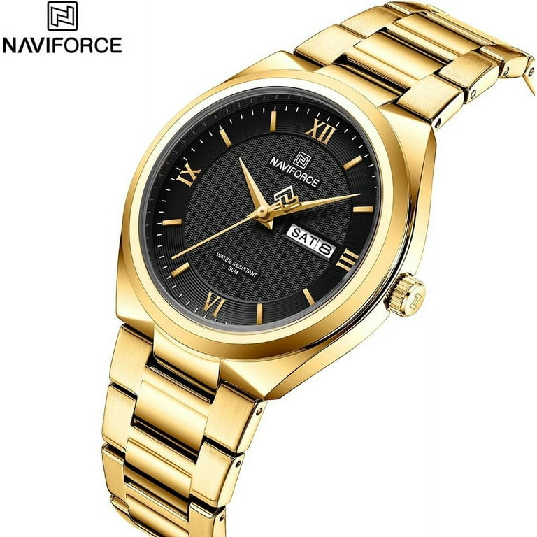NAVIFORCE Casual Wristwatch for Men Waterproof Stainless Steel Watch with Date and Analog Quartz Movement Men s Size Large Gold