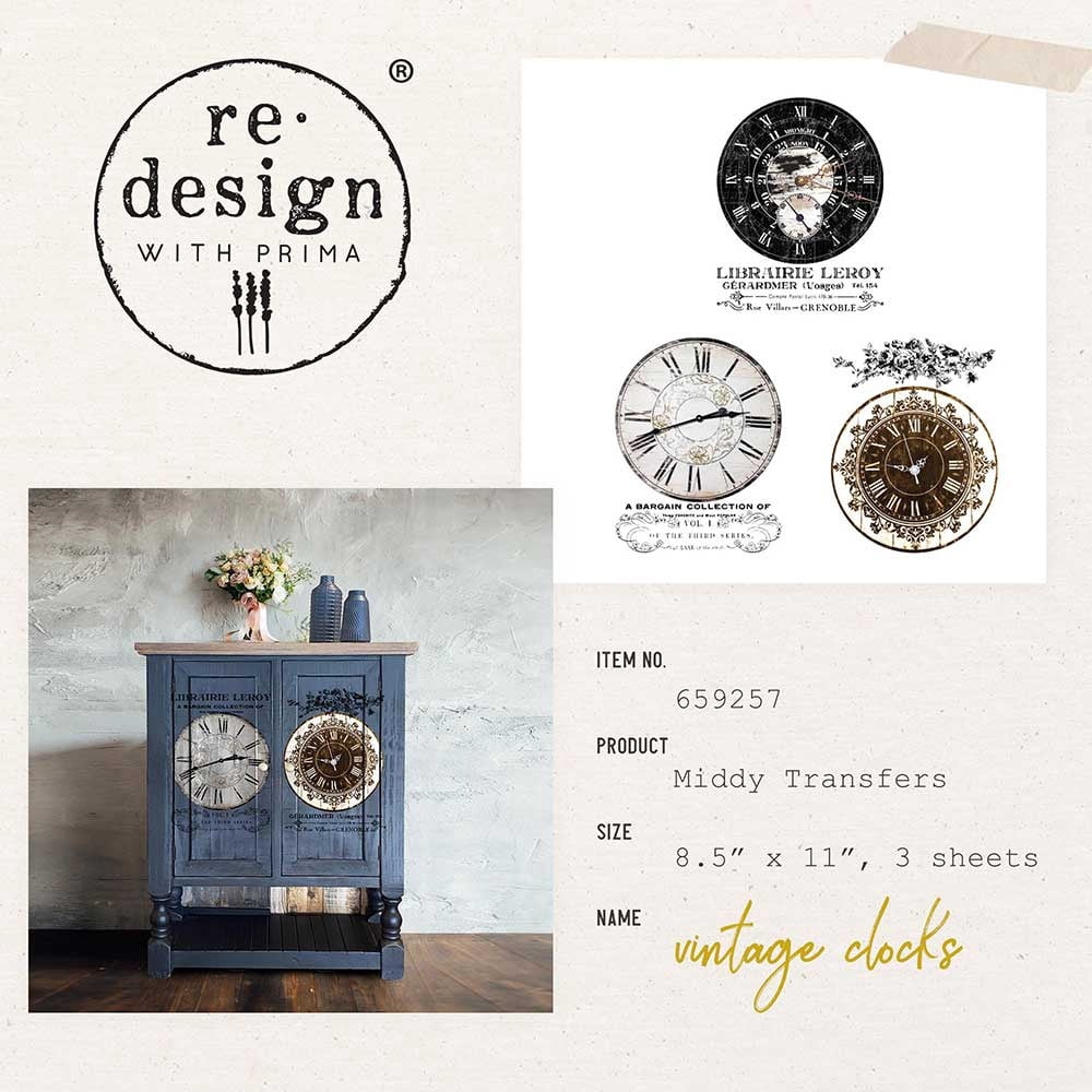 Prima Marketing Re-Design Decor Transfers 8.5"X11" 3/Sheets-Middy- Vintage Clocks
