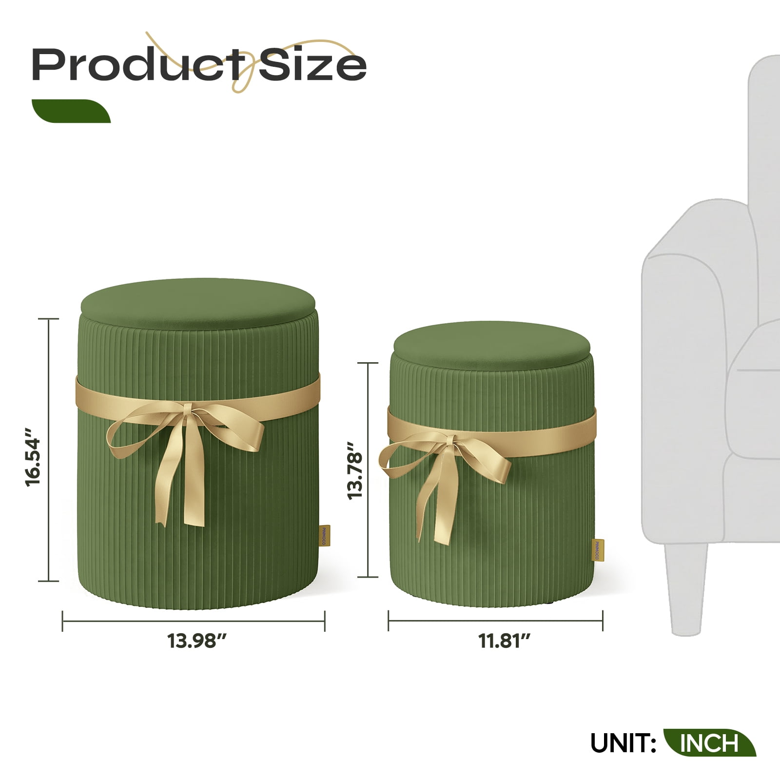 Pinmoco Corduroy Round Storage Ottoman Set of 2, Upholstered Vanity Stool, Foot Stool with Decorative Ribbon for Living Room Bedroom, Olive Green
