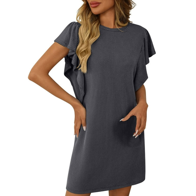 Sakmal Gray Spring Dresses for Women Petite Ruffle T Shirt Mini Dress Shift Short Sleeve Flutter Dresses, Women's, Size: XL