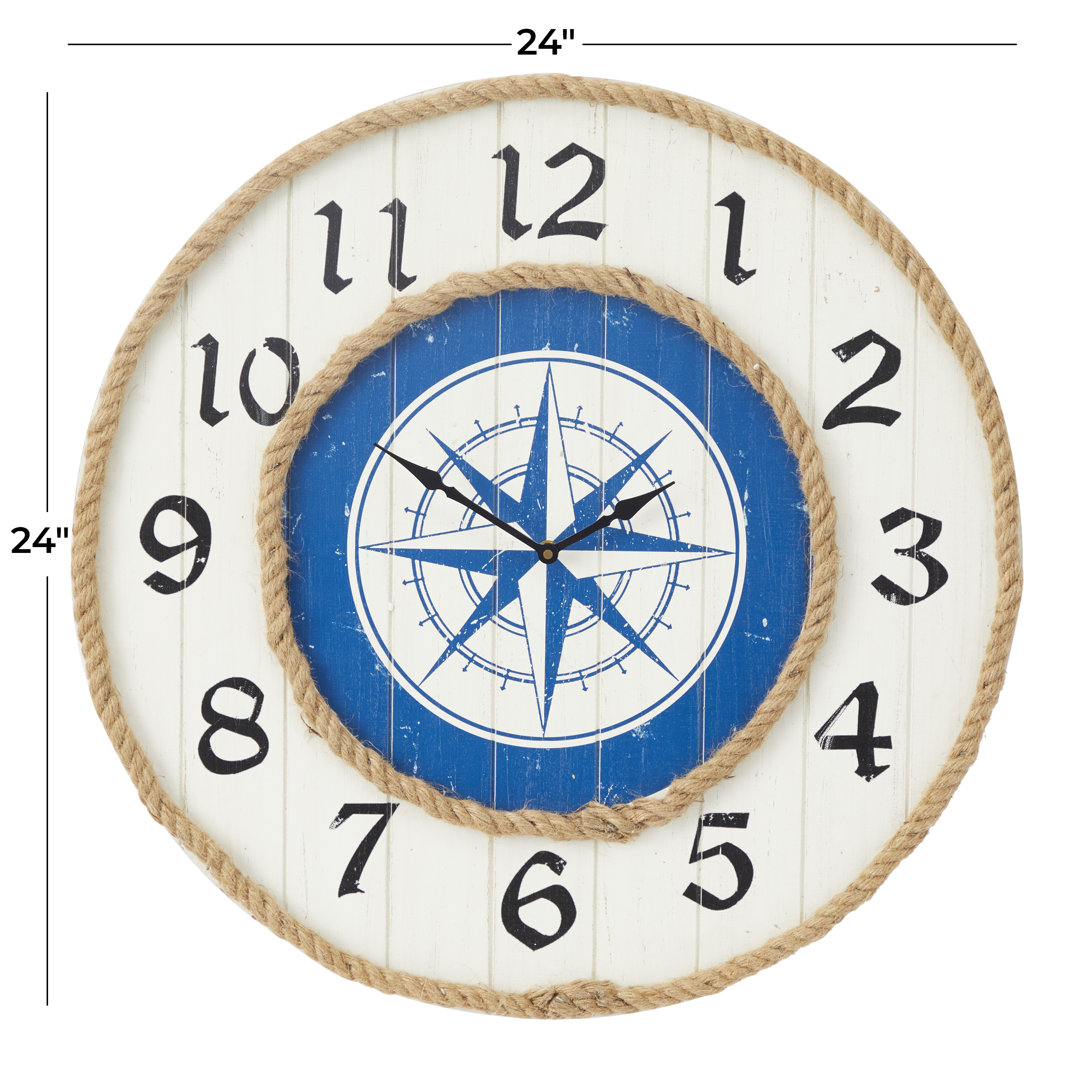 DecMode 24" Blue Wood Compass Wall Clock with Rope Accents