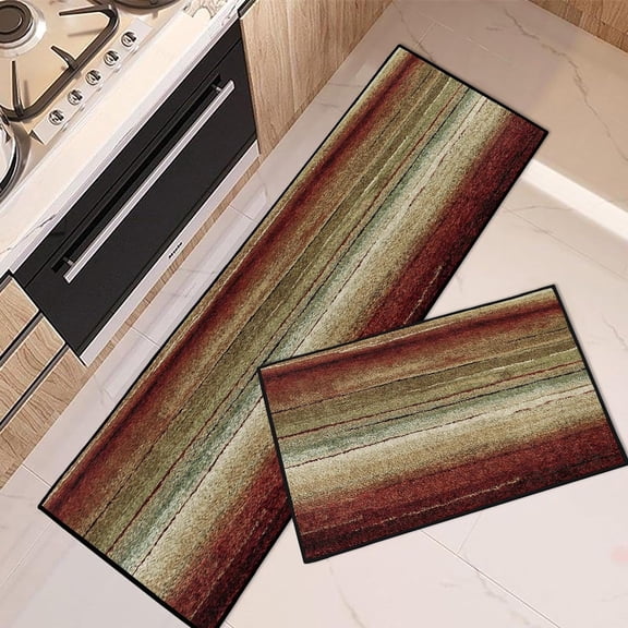 Vintage Stripes Kitchen Rugs and Mats Non Skid Washable Set of 2, Red Brown Green Kitchen Mats for Floor, Geometric Kitchen Runner Rug Abstract Lines Kitchen Decor