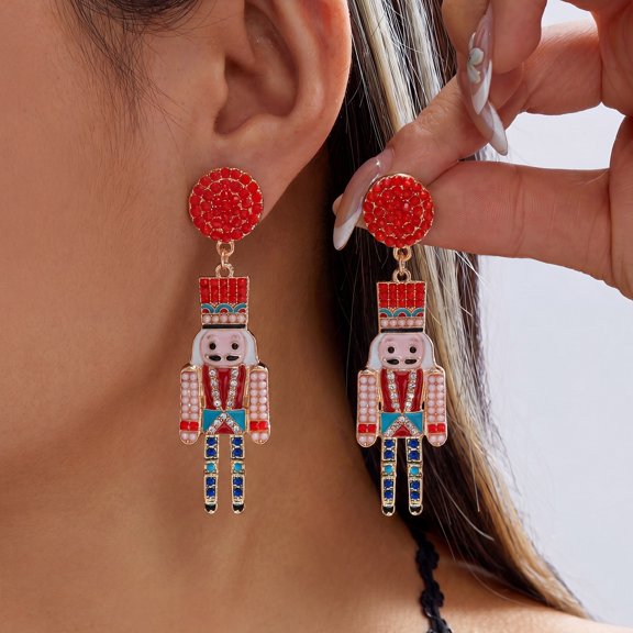 Faty-T Christmas Nutcracker Statement Drop Earrings, 14K Gold Plated Red Rhinestone Round‑Top Dangle Earrings, Colorful Enamel & Crystal Soldier Pendant Xmas Jewelry For Holiday Party Wear