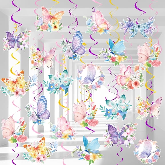 54 Pcs Butterfly Party Decorations - Butterfly Hanging Swirls, Butterfly Floral Hanging Swirl & Butterfly Hanging Ceiling Swirl for Butterfly Birthday Party Decorations
