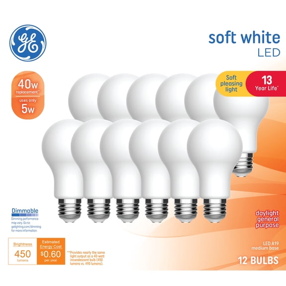 GE General Purpose LED 40 Watt Replacement, Soft White, A19 Frosted Bulbs (12 Pack)