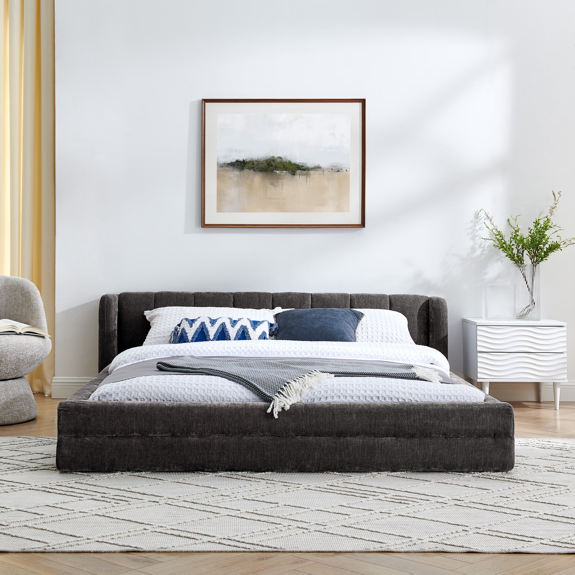 Modern Dark Grey Wood Frame Grounded Queen Size Platform Bed, Queen Chenille Upholstered Platform Bed with Headboard