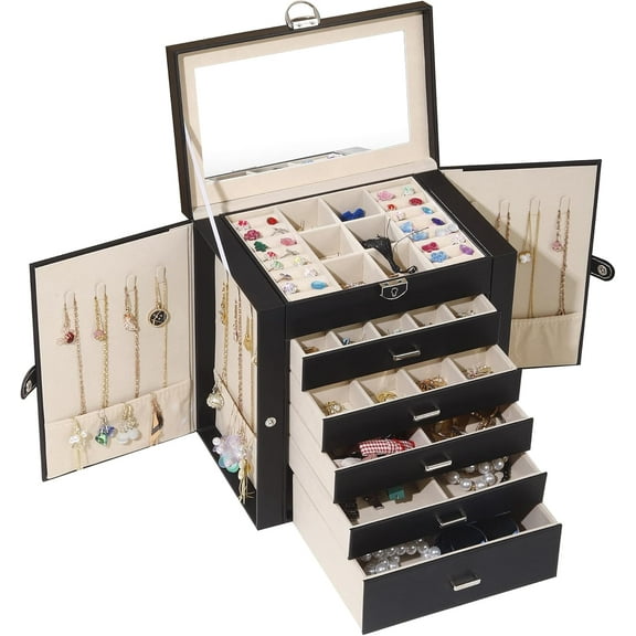 Jewelry Box For women, 6 Layer Large Jewelry Organizer With Mirror, Multi-Function Storage Box With Lock, Accessory Holder With 5 Drawers, For Earrings Necklace Ring Bracelet (Black)