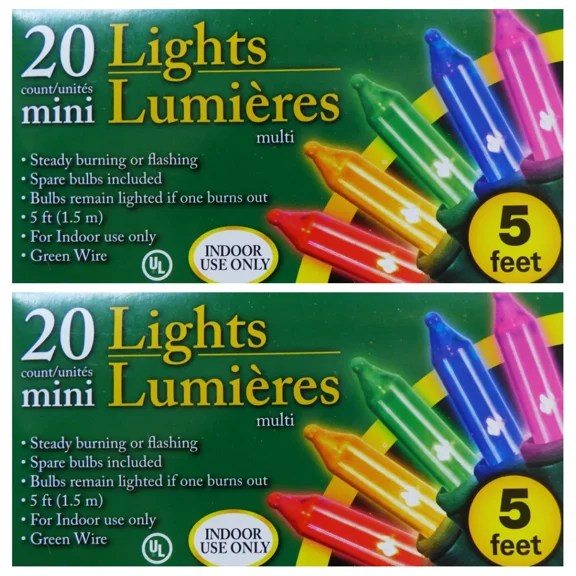 Holiday 5 Ft Christmas Mini Christmas Lights 20 Lights Green Wire~Set Of 2 Multi