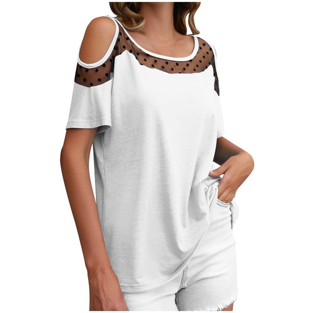 Kovlvoll Hauts pour Femmes Col Rond Patchwork en Dentelle Épaules Dénudées Manches Courtes T-Shirts Décontractés Amples Blouse d'Été