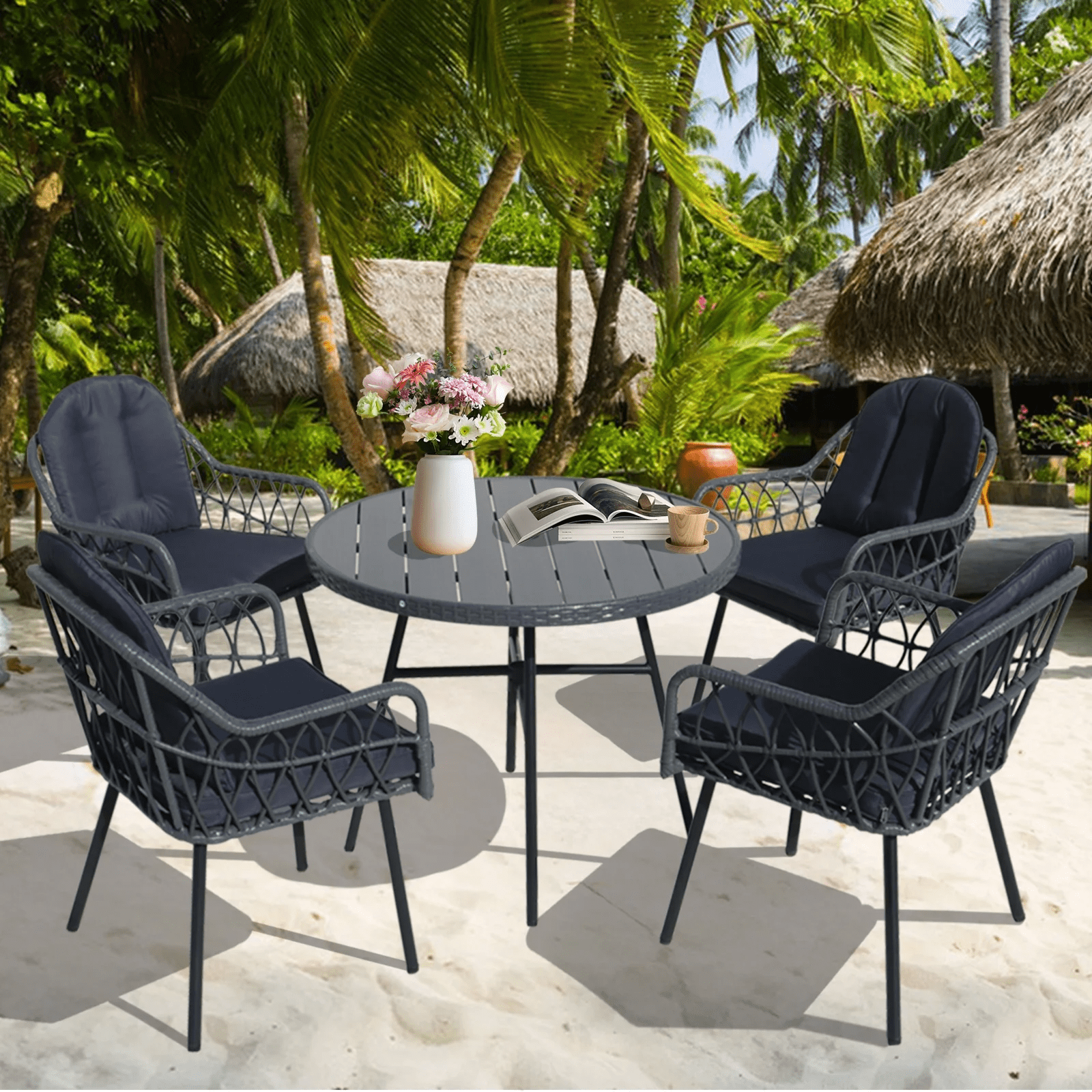 Outdoor Patio Round Dining Table, 36.8" All-Weather Plastic Wood Slatted Top with Adjustable Umbrella Hole, Ideal for Deck Lawn Garden Backyard, Seats 4-6