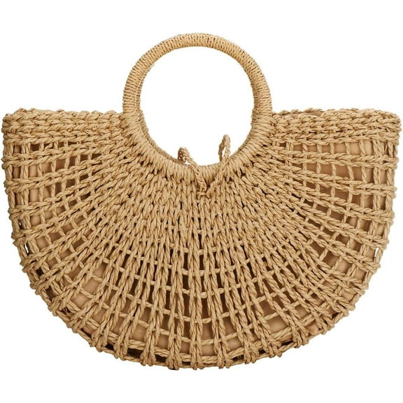 Handwoven Rattan Top-handle Bag for Women Bohemian Round Straw Tote Bag Beach Large Carrying Handbag
