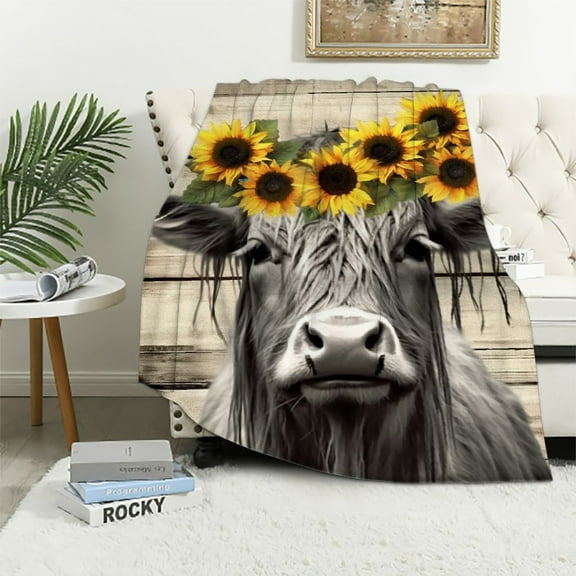 Nawypu Highland Cow Blanket Sunflower Cow Pattern Flannel Throw Blanket Ultra Soft Highlander Animal Print Blankets for Kids Adults