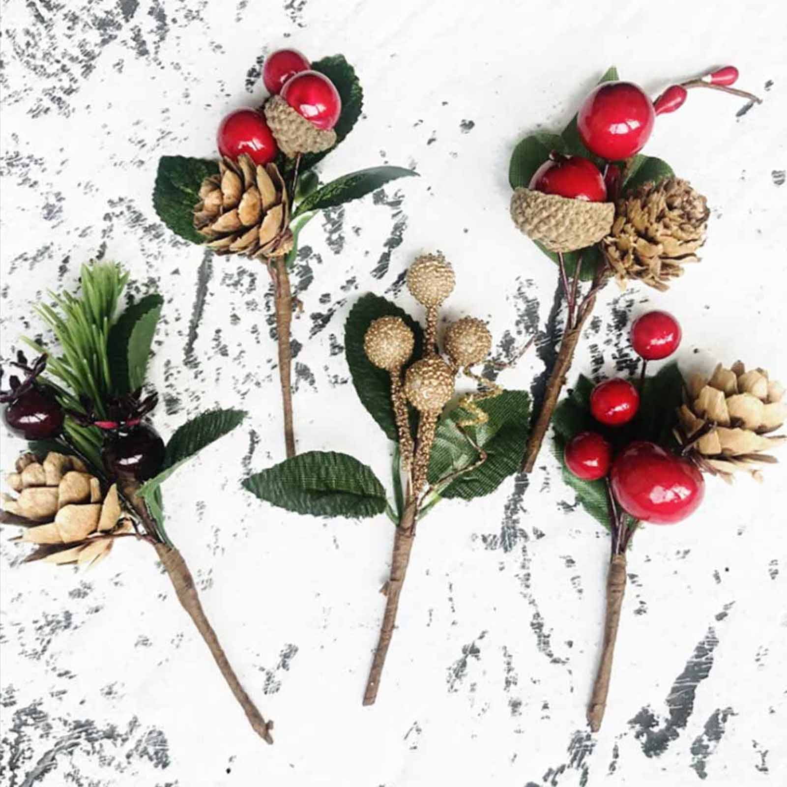 12 Sets(60Pcs) Red Berries Pine Cones Artificial Flowers - Plastic Dried Flower Card Accessories for Gift Package Wedding Party Holiday DIY Decorations