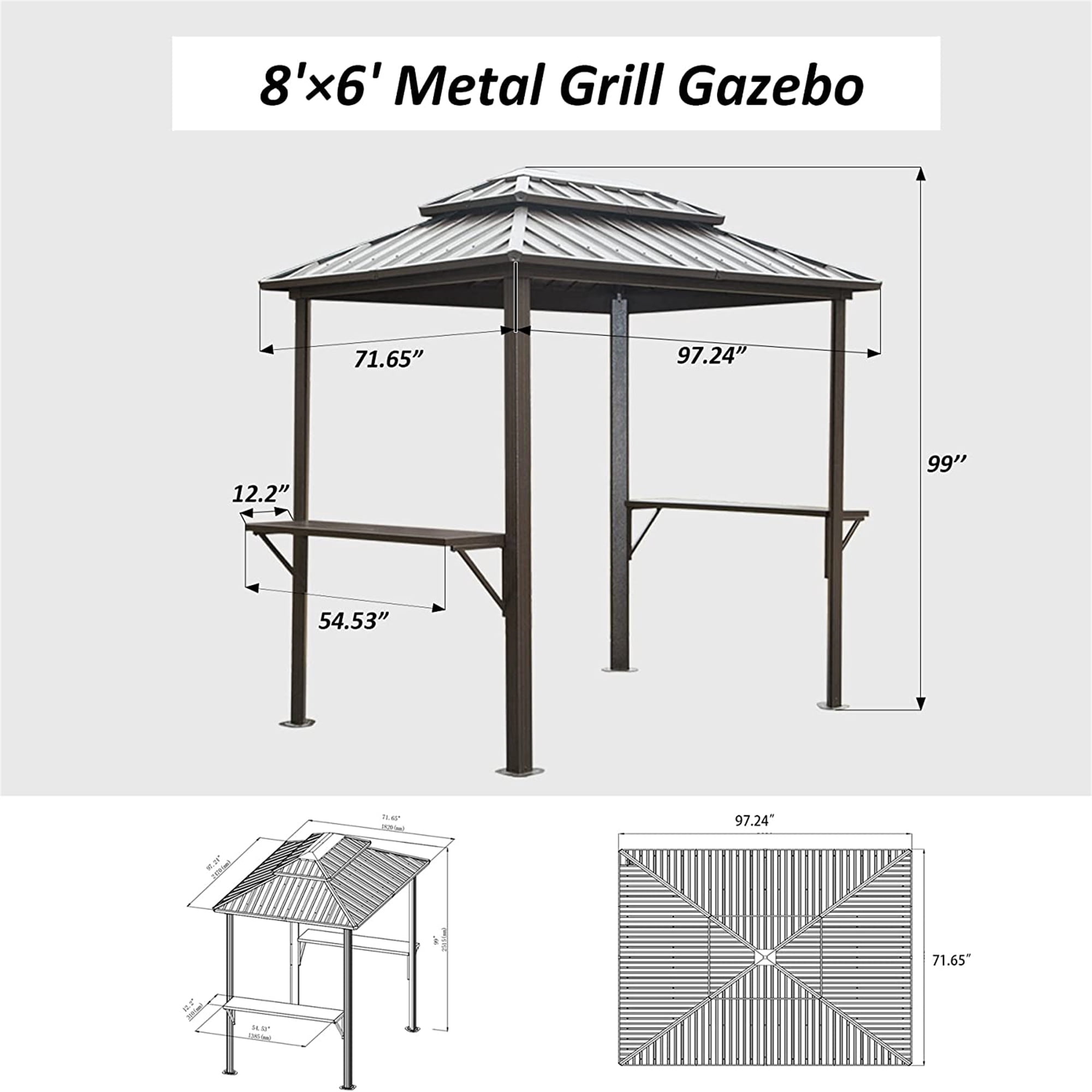 Mondawe Grill Gazebo 8' × 6', Aluminum BBQ Gazebo Outdoor Metal Frame with Shelves Serving Tables, Permanent Double Roof Hard top Gazebos for Patio Lawn Deck Backyard and Garden (Brown)