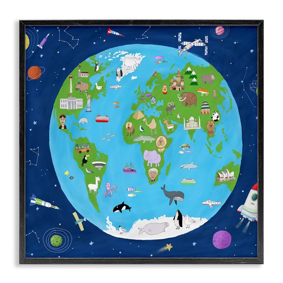 Stupell Industries Contemporary Children's Earth and Outer Space Map Animals Stars Black Framed Giclee Art, 12 x 12, by Carla Daly
